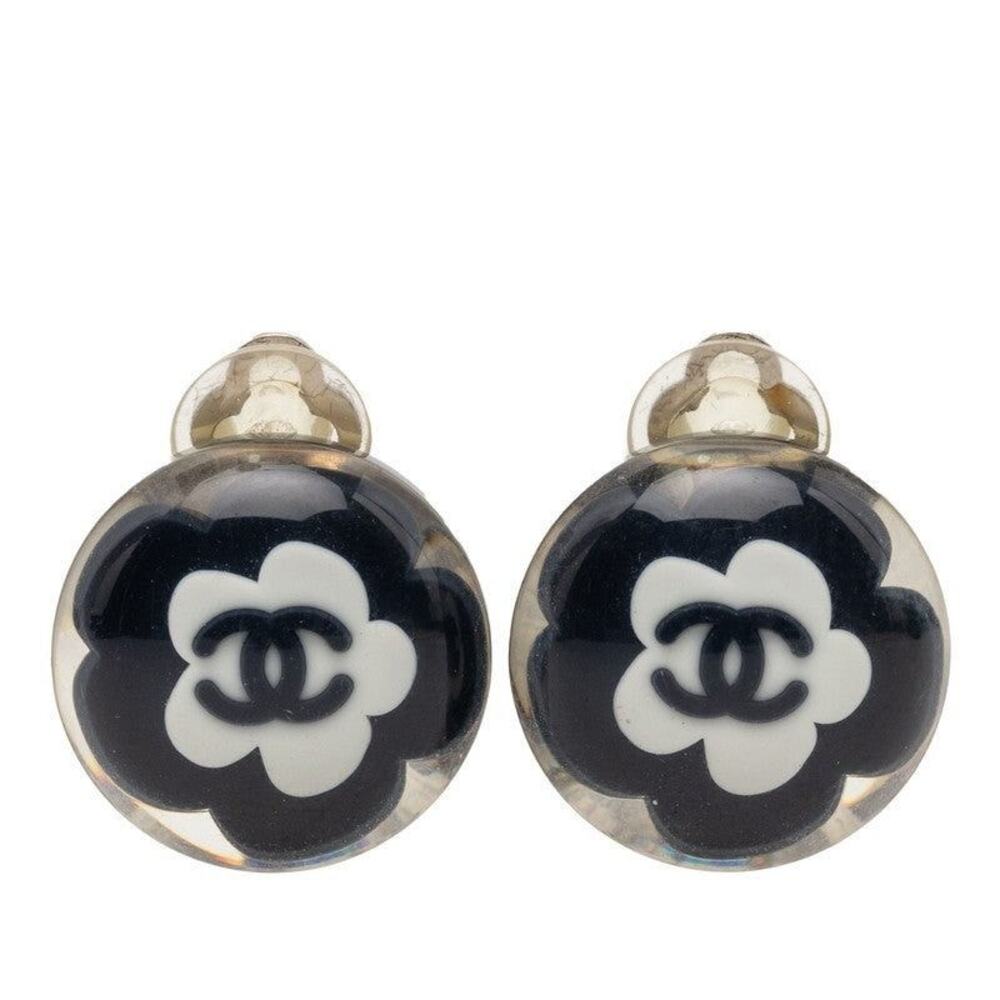 Chanel Camellia CC Logo Metal Resin Earrings Silver